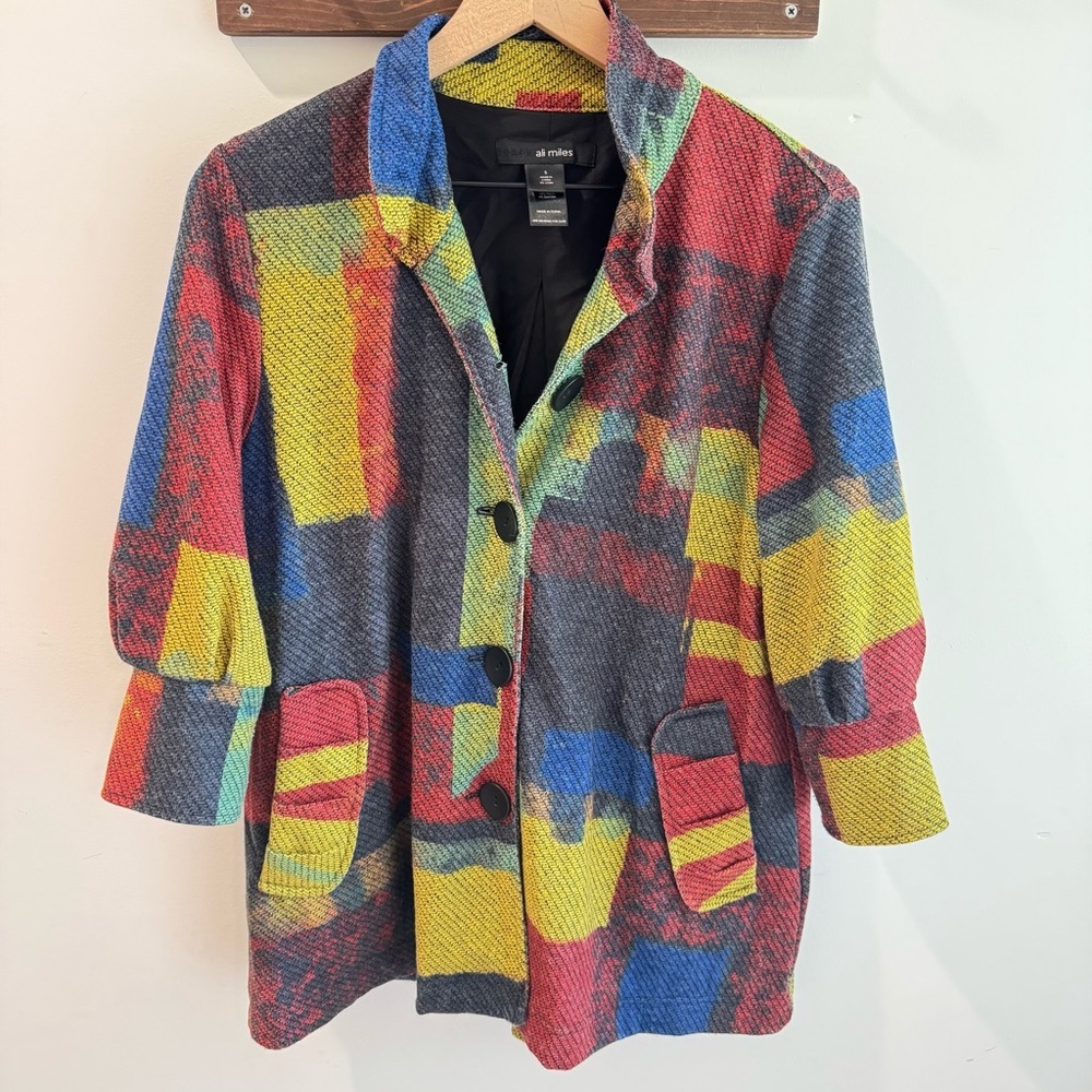 Ali Miles Abstract Print 3/4 Sleeve Knit Jacket Artsy Lagenlook Small‎